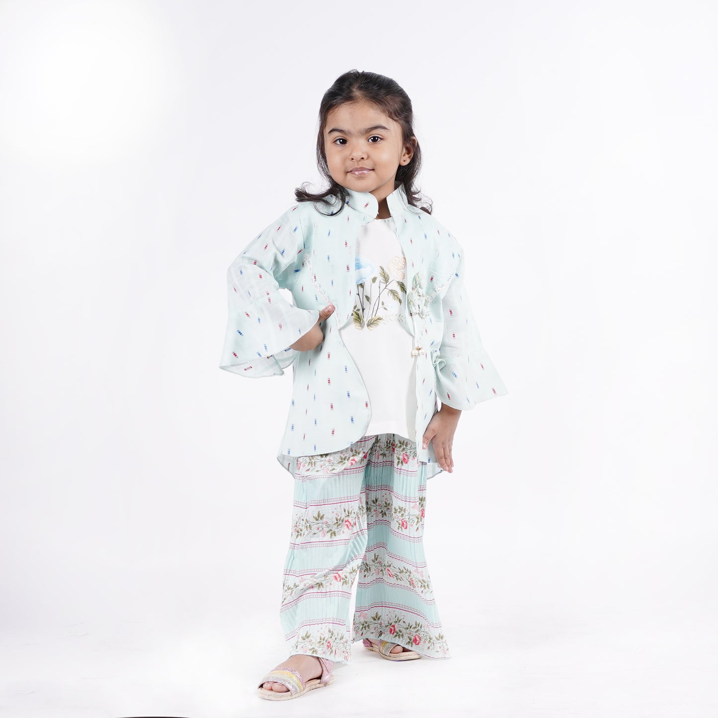 Girls 3pc Fancy Top with Flower Printed Pajama