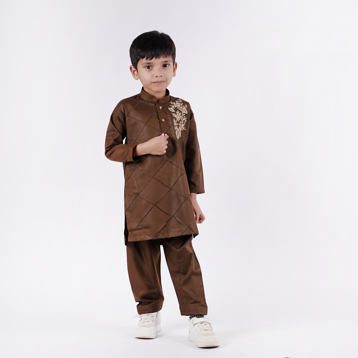 Boys Brown Shalwar Kameez with Embroidery