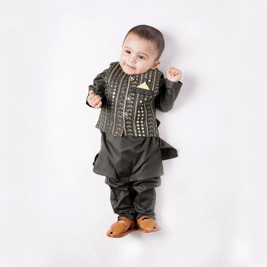 Boys Green Shalwar Kameez with Waist Coat