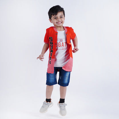 Boys Fancy Bugatti Shirt & T-Shirt Set with Denim Shorts Red & Blue.
