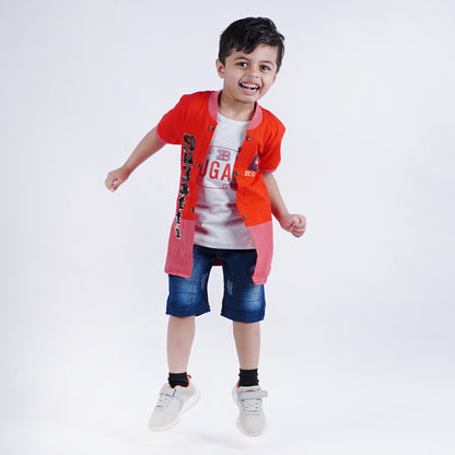 Boys Fancy Bugatti Shirt & T-Shirt Set with Denim Shorts Red & Blue.