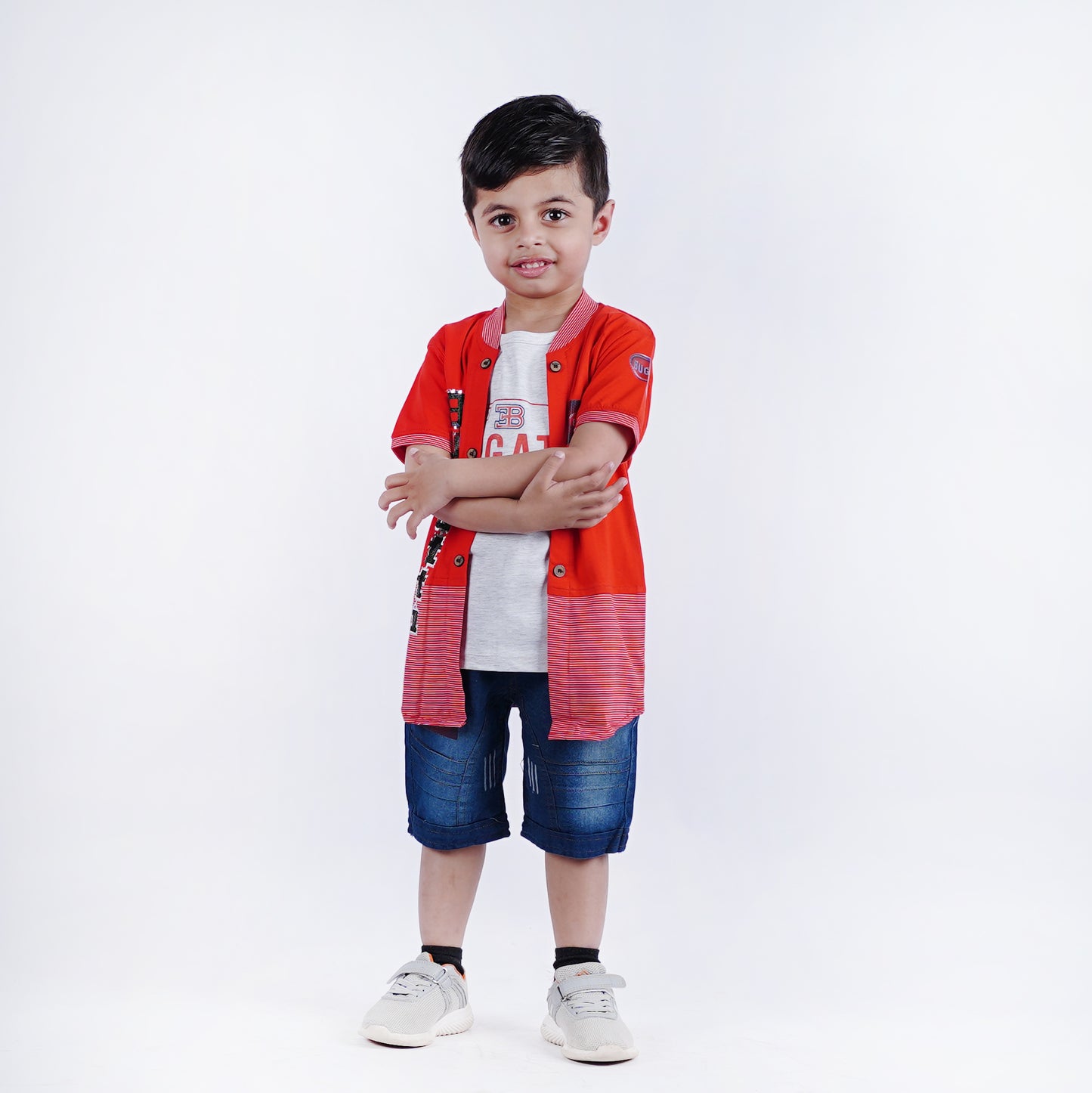 Boys Fancy Bugatti Shirt & T-Shirt Set with Denim Shorts Red & Blue.