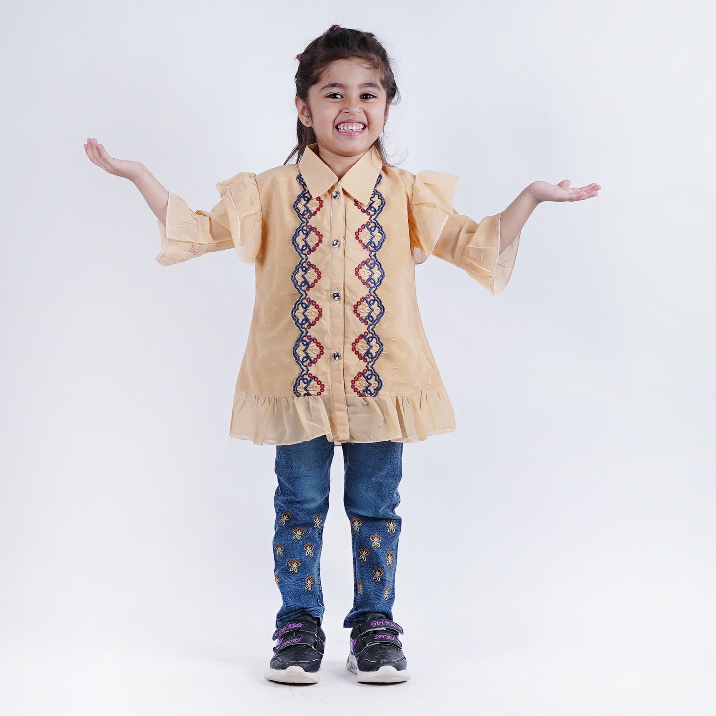 Girls Fancy Button Style Top with Denim Pants
