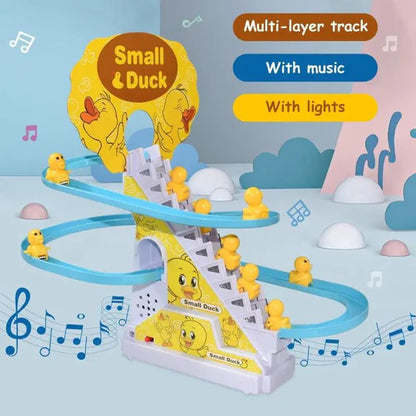 Funny Small Duck Animal Track Set Climbing Stairs Music Toys For Children Slide Interactive Toys Electric Railcar Music - 4 Pcs